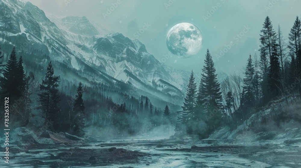 A serene mountain scene illuminated by a full moon. Suitable for nature or landscape themes - obrazy, fototapety, plakaty 