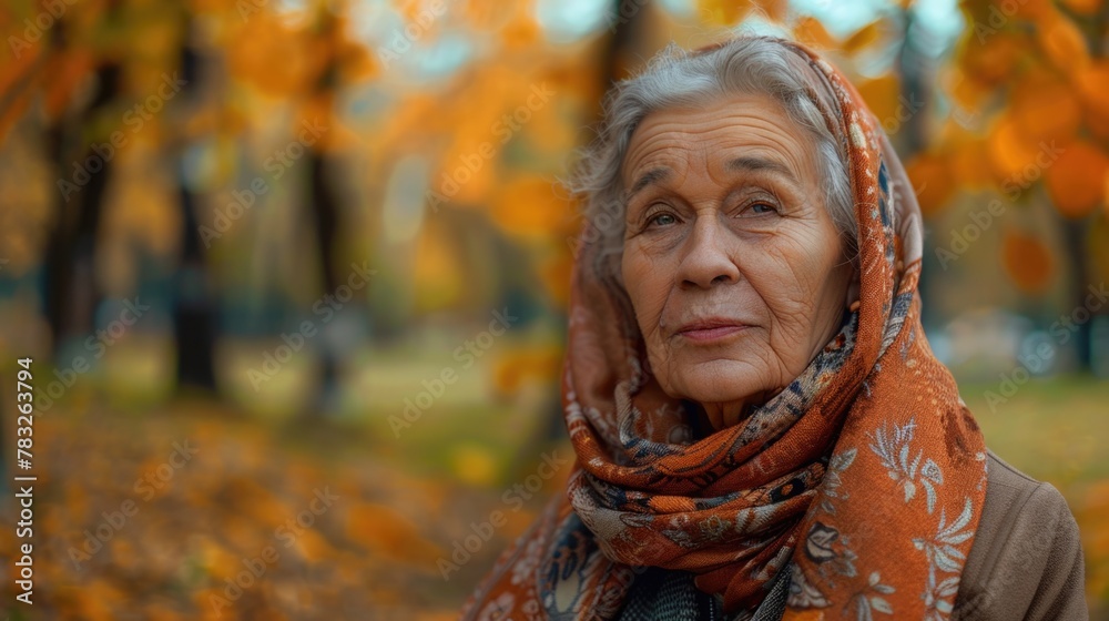 An older woman wearing a scarf in a park. Suitable for lifestyle and retirement concepts