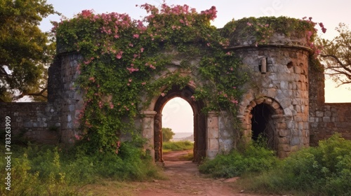 Fort tower entrance covered in dawns light and vegetation