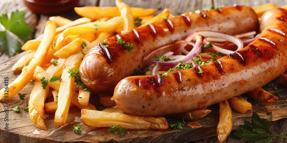 Delicious hot dog and crispy French fries on a wooden cutting board. Perfect for food and cooking concepts Delicious hot dog and crispy French fries on a wooden cutting board. Perfect for food and cooking concepts
