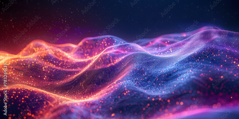 Abstract Digital Landscape with Glowing Particles and Waves