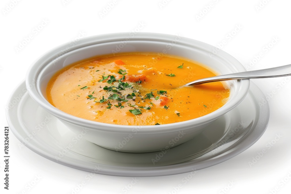 A bowl of soup on a plate with a spoon. Suitable for food and cooking concepts A bowl of soup on a plate with a spoon. Suitable for food and cooking concepts