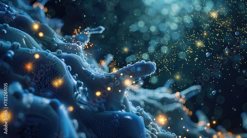 An abstract 3D representation of a quorum sensing process in bacteria