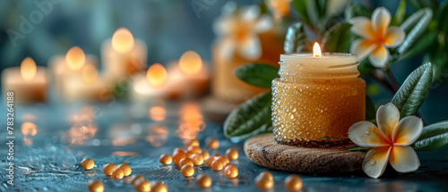 Candle lit on wooden table, vase of flowers in background. Wellness and spa concept