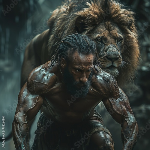 Muscular Man and Lion in a Powerful Partnership Pose