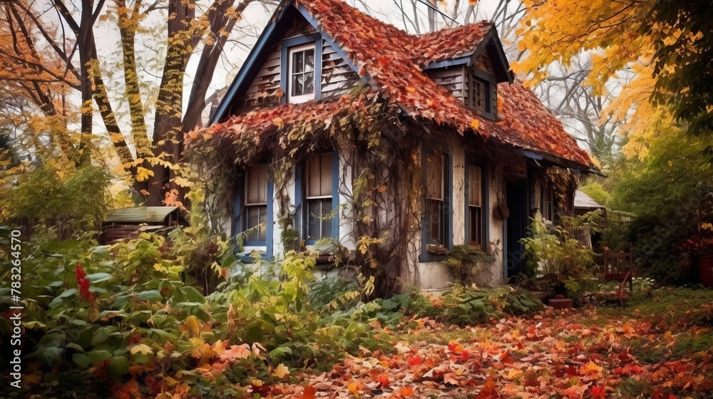Overgrown cottage amidst autumn leaves