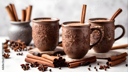 Charming display of champurrado in two mugs, adorned with star anise and cinnamon sticks, on a white background perfect for text addition. photo