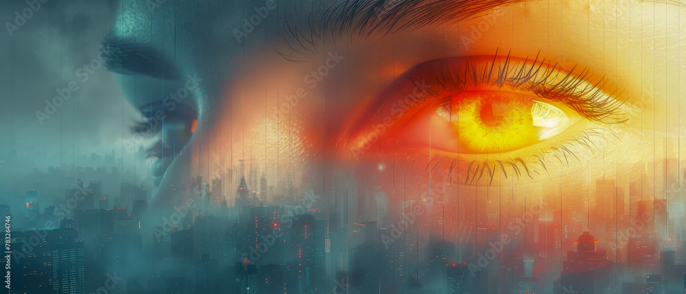 A woman's eye is glowing yellow in a blurry cityscape, cloudy sky