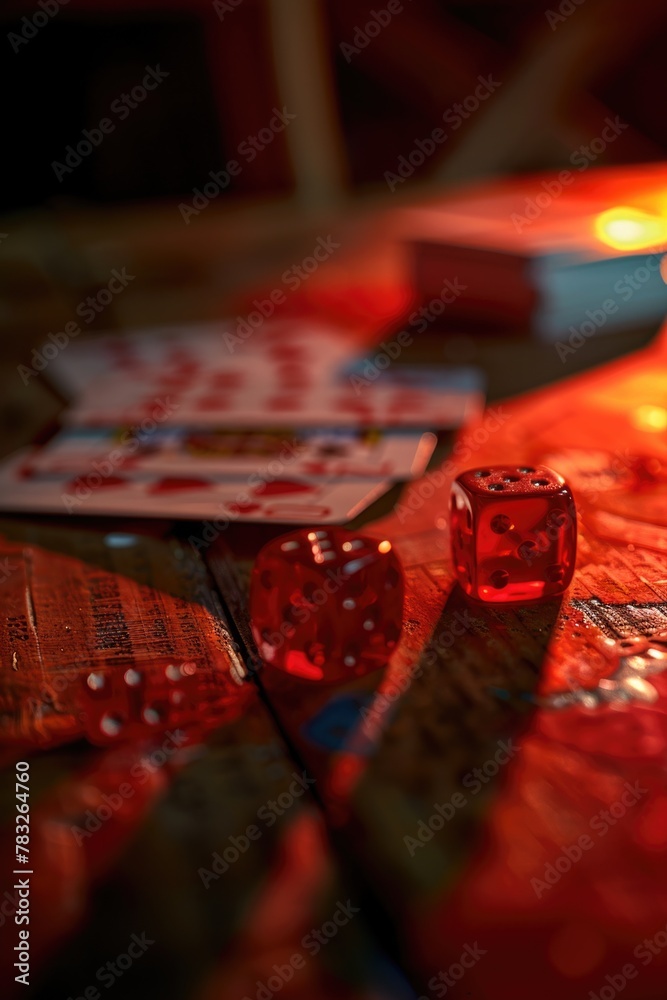 Red dice on a wooden table, perfect for gaming or gambling concepts