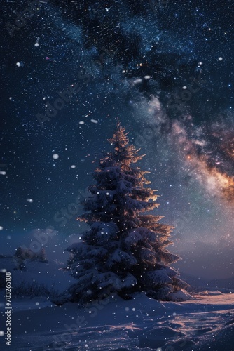 Winter scene with tree and milky way in background. Suitable for travel or nature concepts