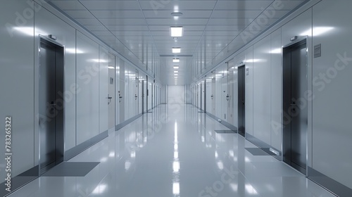 Pristine data center corridor with sleek server doors