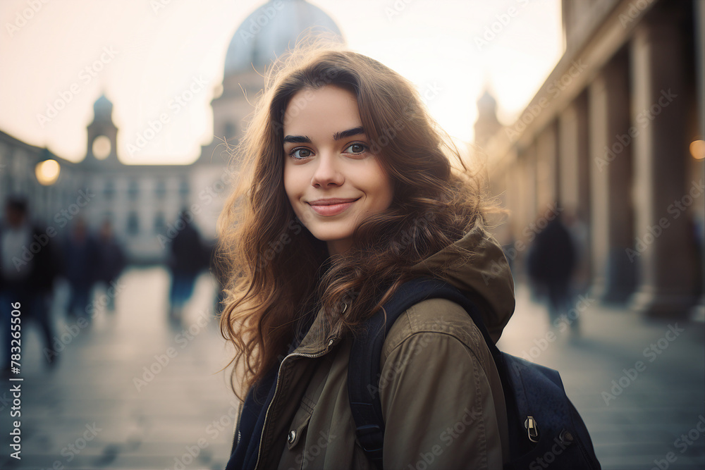 Generated with AI photography of smiling young woman enjoy live in the city