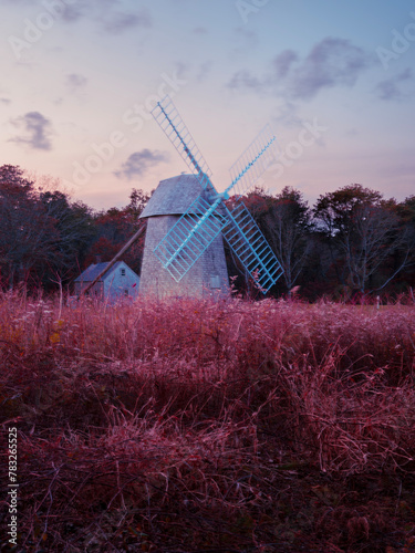 Brewster Windmill and autumn garden plants at Historical Village Park in Barnstable County on Cape Cod, Massachusetts, USA photo