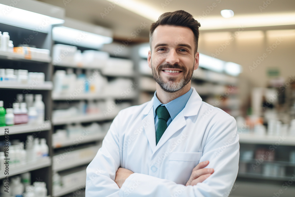 Smiling cheerful confident pharmacist in drugstore store shop Generative AI