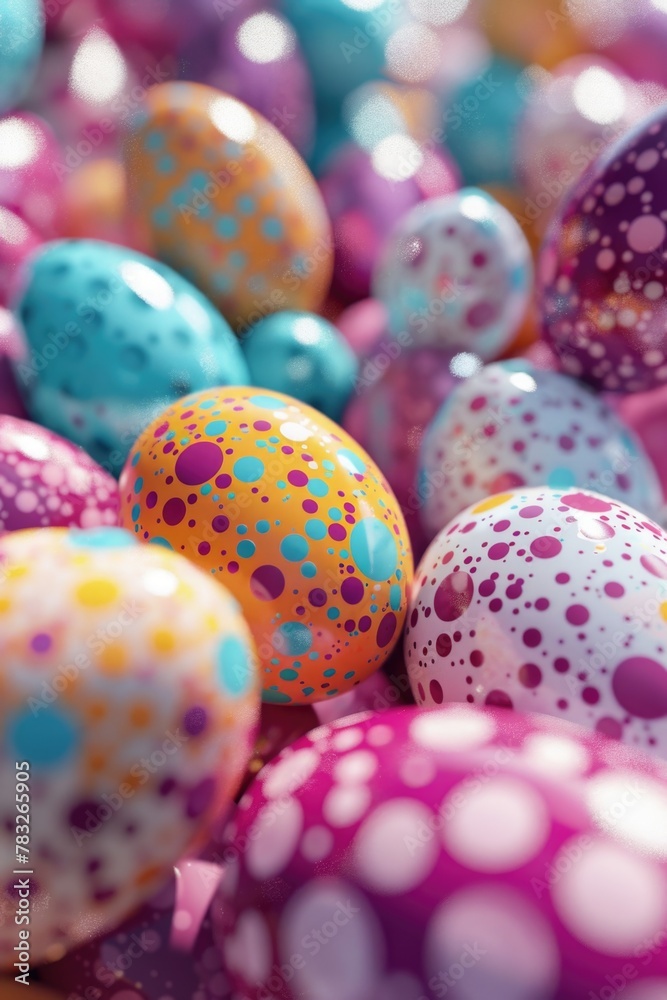 A pile of colorful Easter eggs stacked together. Perfect for Easter holiday designs