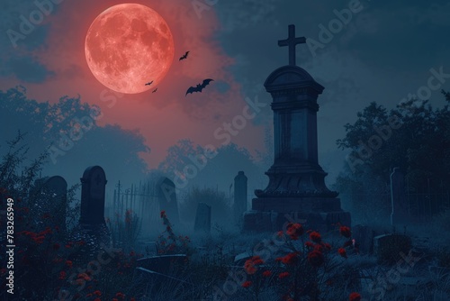 A spooky cemetery scene with a full moon in the sky. Perfect for Halloween themes