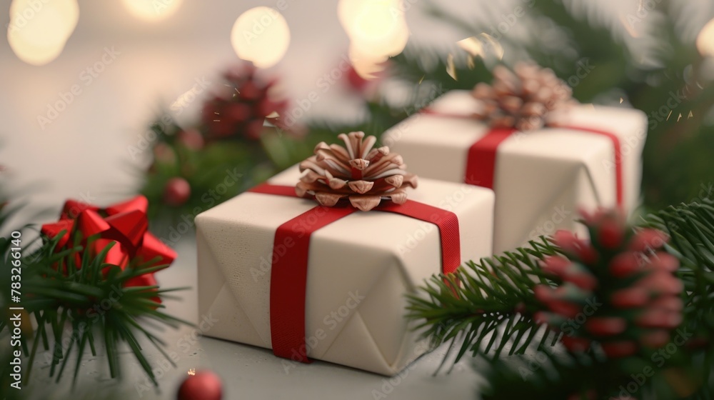 Festive white gift boxes with red ribbon and pine cones. Perfect for holiday season decorations Festive white gift boxes with red ribbon and pine cones. Perfect for holiday season decorations