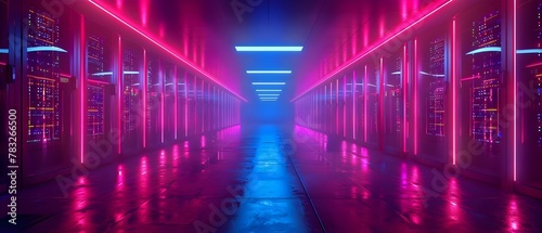 Futuristic Data Center Corridor with Vibrant Neon Glow. Concept Futuristic Data Centers  Neon Glow  Technology Corridor  Sci-Fi Architecture  Vibrant Lighting