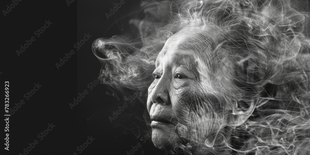 A striking black and white portrait with smoke emanating from the woman's face. Ideal for dramatic and mysterious concepts