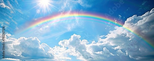 A rainbow arching across the sky, symbolizing hope and joy on Easter day. Blue skies with white clouds in the background.