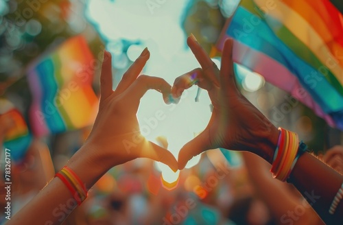 hands making a heart shape with a rainbow flag waving in the background during a pride parade celebration, love and diversity concept