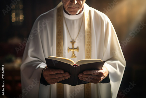 Generative AI picture of blessed priest praying have faith believe in God happiness