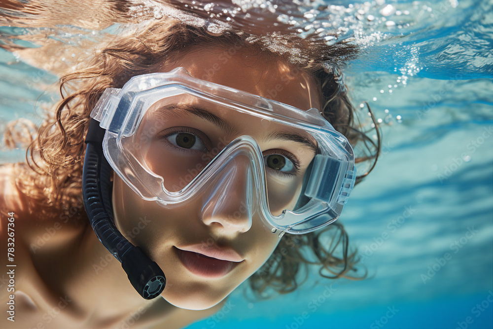 Naklejka premium AI generated close up photo picture of happy diver swims underwater blue day light