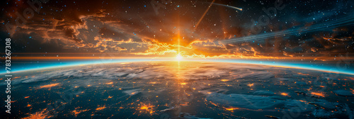 Majestic Earth Sunrise with Meteor Shower in Space photo