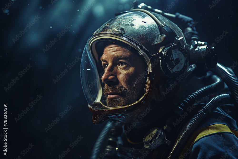 Generative AI illustration of male diver underwater on summer vacation Generative AI illustration of male diver underwater on summer vacation