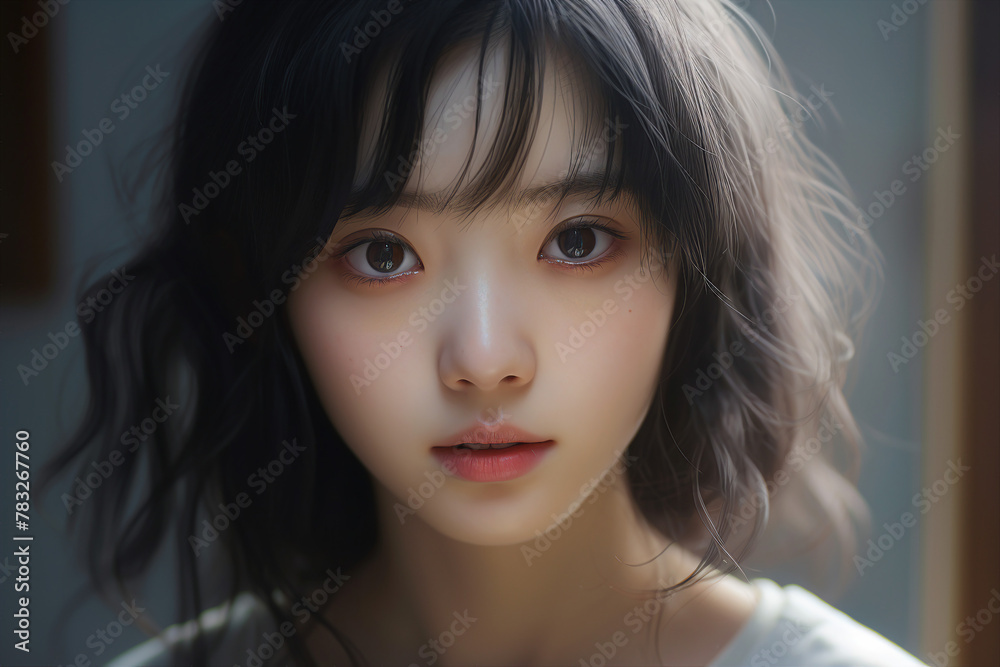 Generative AI photo of cute asian preteen kid wear uniform against blurred background Generative AI photo of cute asian preteen kid wear uniform against blurred background