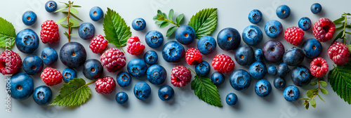 Fresh Blueberries and Raspberries with Green Leaves on White Background