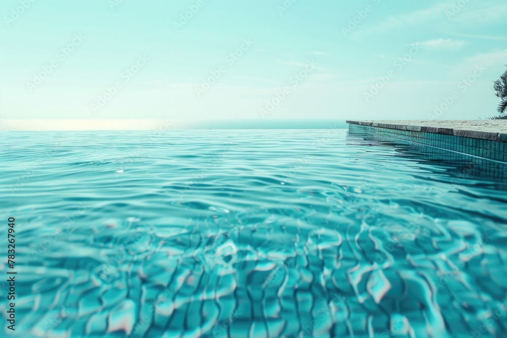 Picture of an empty swimming pool with a beautiful ocean view. Suitable for travel and vacation concepts