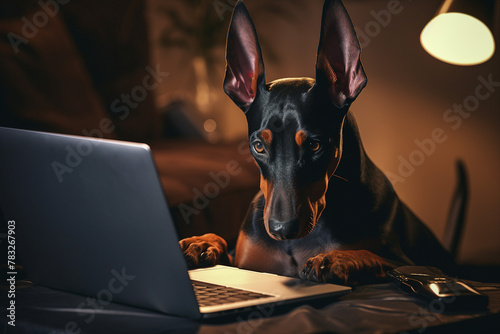 AI generated picture of best human friend animal looking laptop screen photo