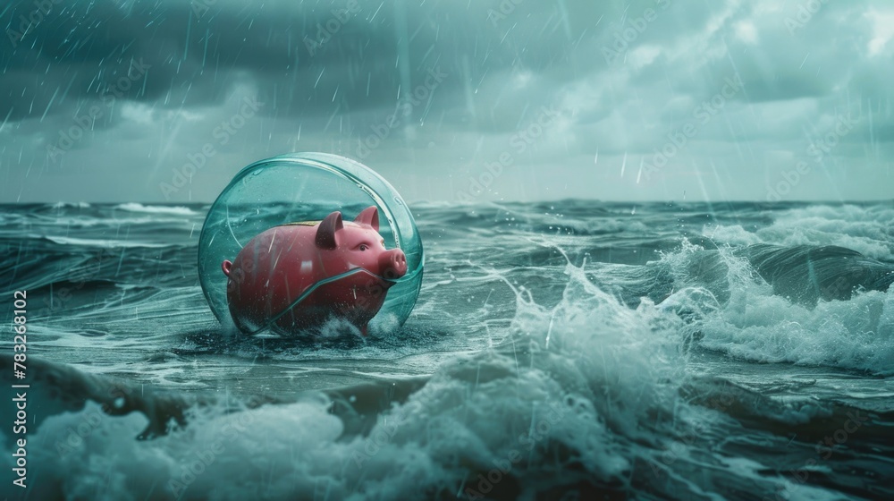 A unique image of a red pig trapped in a glass jar floating in the middle of the ocean. Ideal for illustrating concepts of isolation and captivity - obrazy, fototapety, plakaty 
