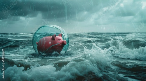 A unique image of a red pig trapped in a glass jar floating in the middle of the ocean. Ideal for illustrating concepts of isolation and captivity