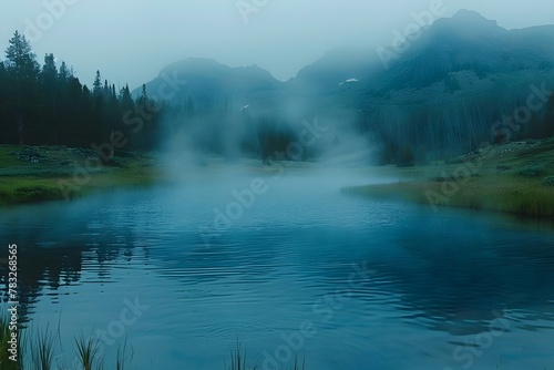 Misty Mountain Springs Serenity. Concept Mountain Landscape, Nature Photography, Cloudy Skies, Tranquil Scenery