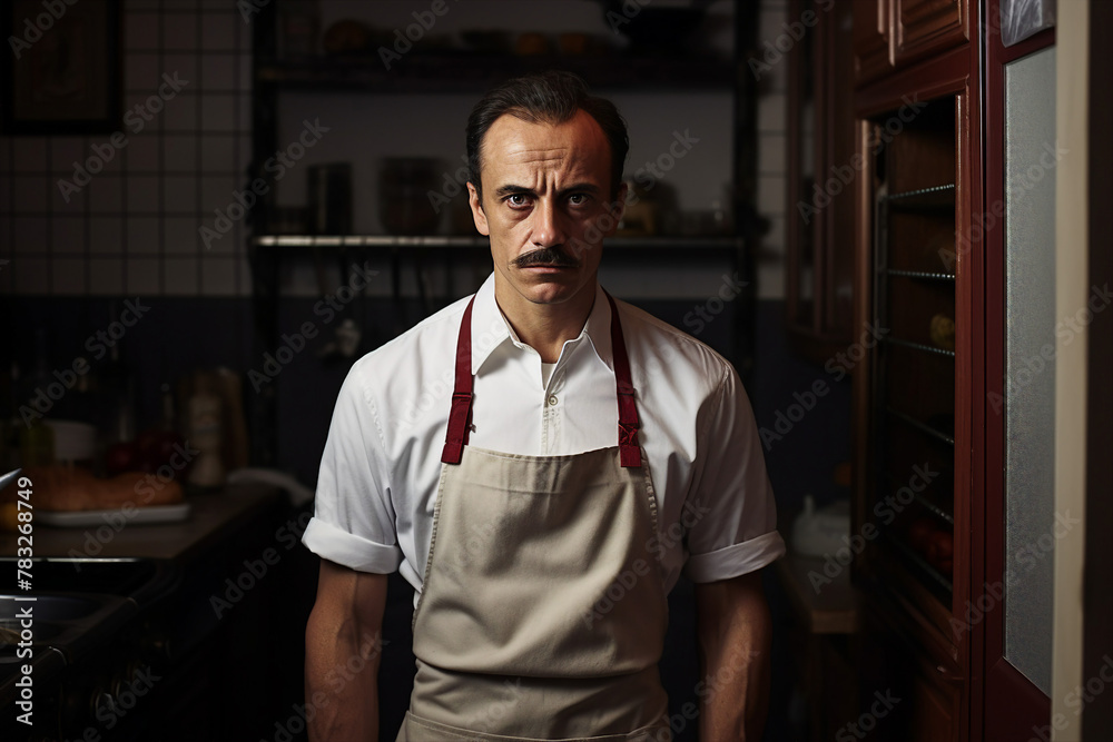 Portrait of a handsome man wearing apron and smiling standing in a coffee shop generative AI Portrait of a handsome man wearing apron and smiling standing in a coffee shop generative AI