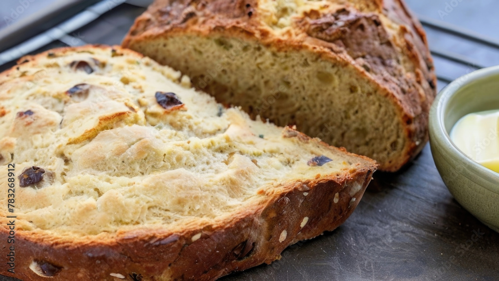Close-up of Freshly Sliced Bread Loaf, Highlighting its Soft Texture and Golden Crust. Perfect for bakery advertisements, food blogs, or cooking tutorials Close-up of Freshly Sliced Bread Loaf, Highlighting its Soft Texture and Golden Crust. Perfect for bakery advertisements, food blogs, or cooking tutorials