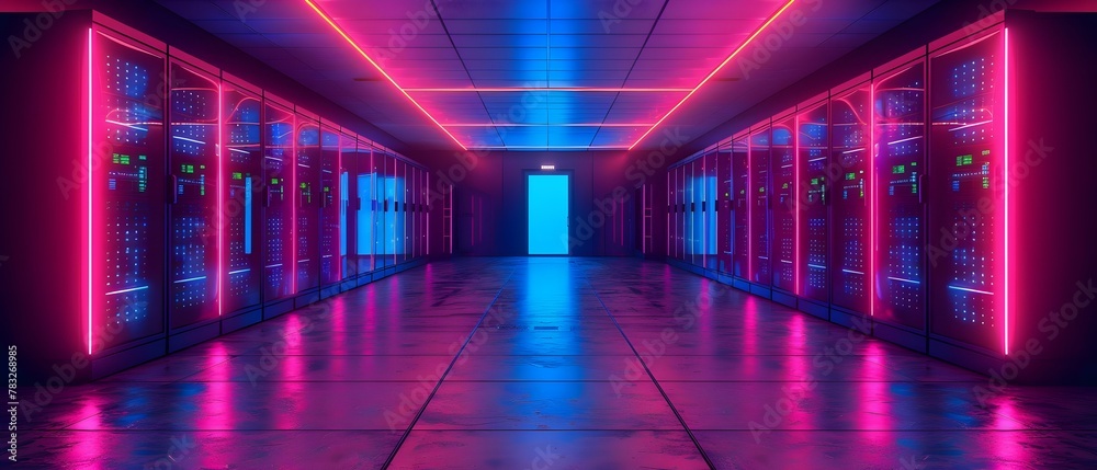 Futuristic Data Center Corridor with Vibrant Neon Lights. Concept Futuristic Design, Data Centers, Neon Lights, Technology, Corridor