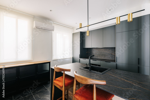 Modern and elegant kitchen interior decorated in dark tones photo
