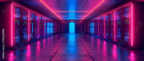 Futuristic Data Center Corridor with Vibrant Neon Lights. Concept Futuristic Design, Data Centers, Neon Lights, Technology, Corridor © Ян Заболотний