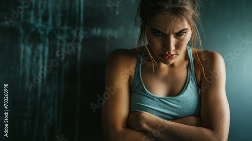 Young woman is angry because of problems in the family, experiencing stress, standing against a grunge background.