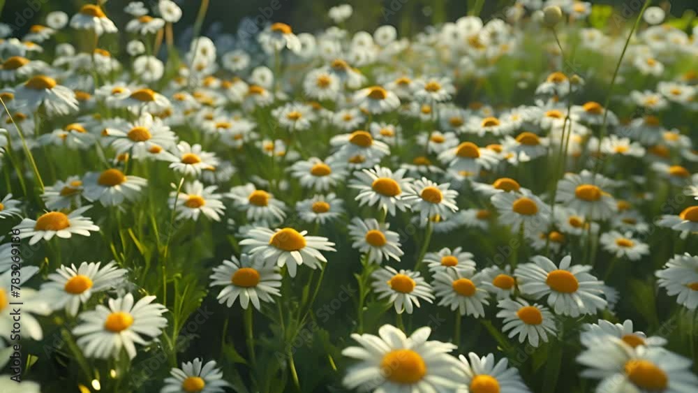 A beautiful, sun-drenched spring summer meadow. Daisy flowers. Natural colorful landscape with many wild flowers in the spring. A frame with soft selective focus. 4k video beauty A beautiful, sun-drenched spring summer meadow. Daisy flowers. Natural colorful landscape with many wild flowers in the spring. A frame with soft selective focus. 4k video beauty