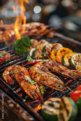 Freshly cooked shrimp and vegetables on a grill, perfect for food and cooking concepts