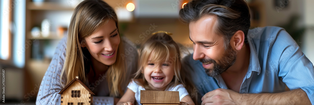 Parents and daughter playing with a wooden house model in the room.