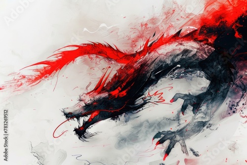 Detailed painting of a fierce red and black dragon. Perfect for fantasy themed projects