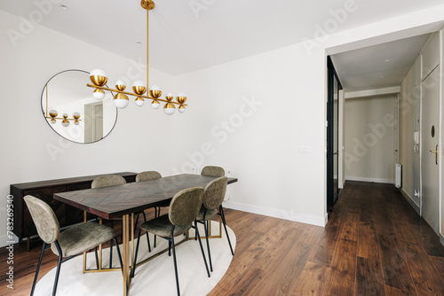 Solid wood dining table and elegant ceiling lamp in a sober apartment photo