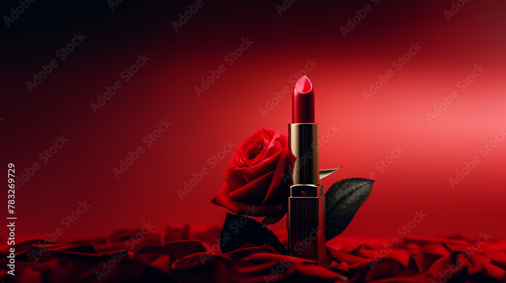 Fototapeta premium A red lipstick with red rose and red background for advertisement work