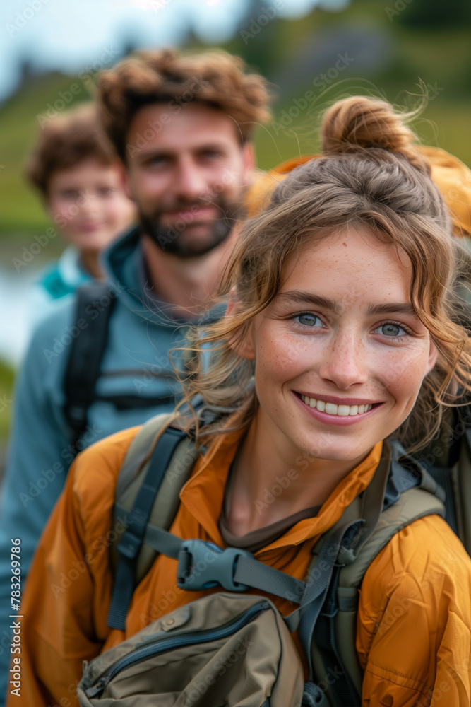 A family hiking in nature together enjoys an outdoor adventure. A family hiking in nature together enjoys an outdoor adventure.