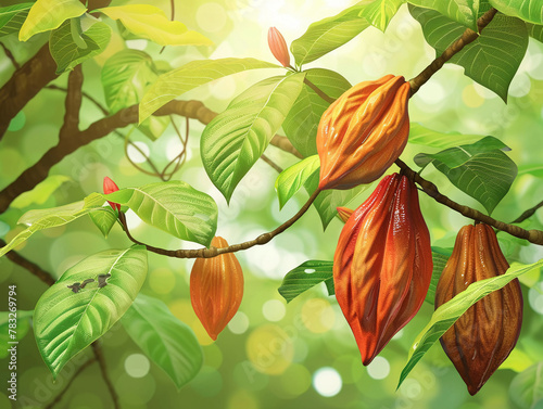 3D vector of vibrant cacao pods on a lush tree  bright green leaves  tropical setting 